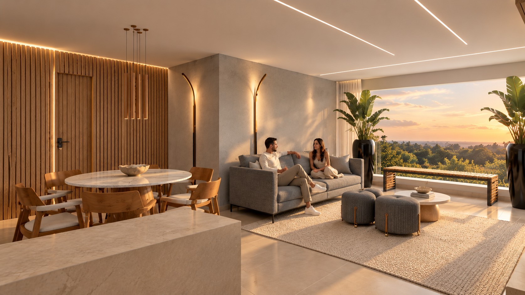 Estar e jantar com vista externa