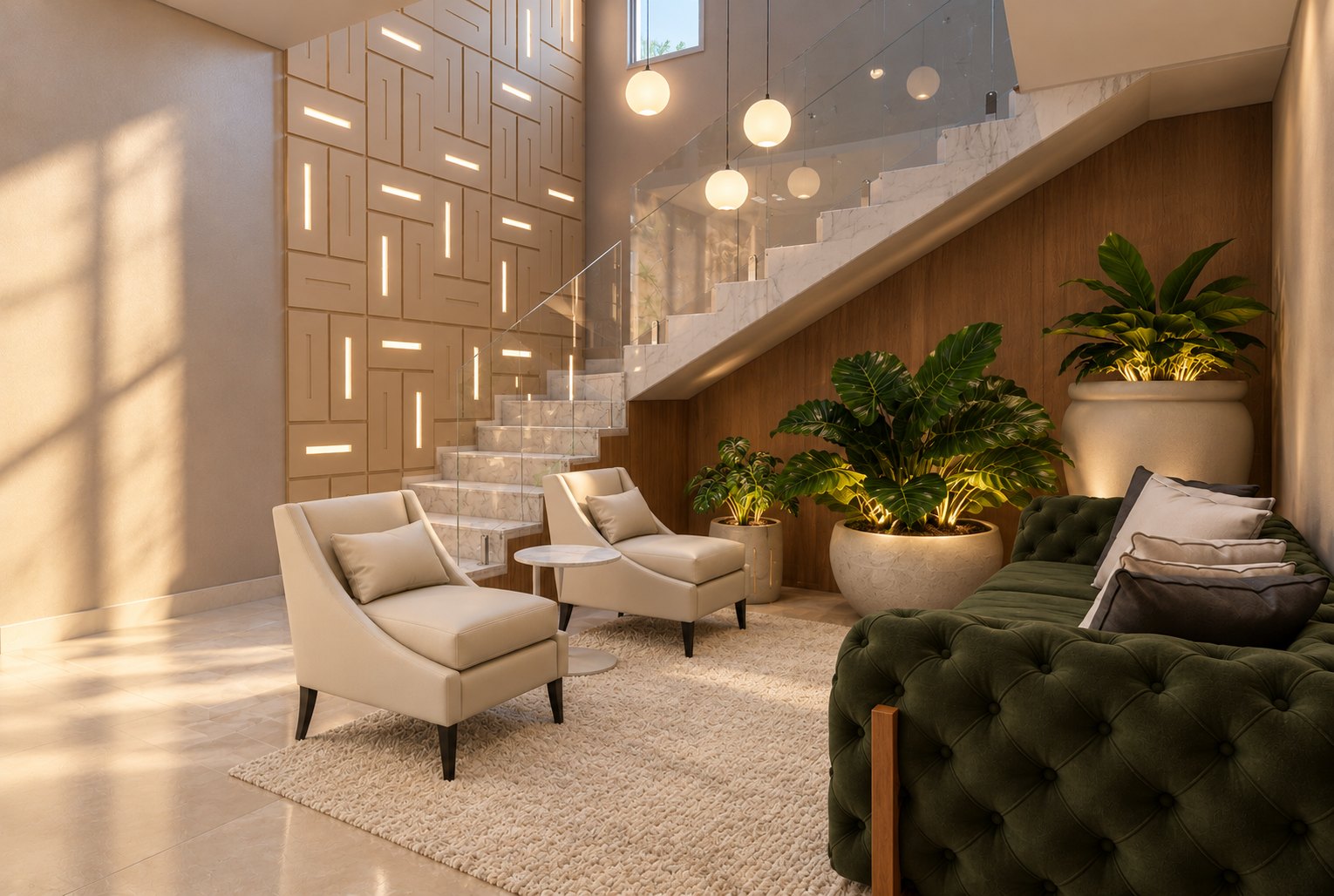 Hall com escadaria — visualização arquitetônica