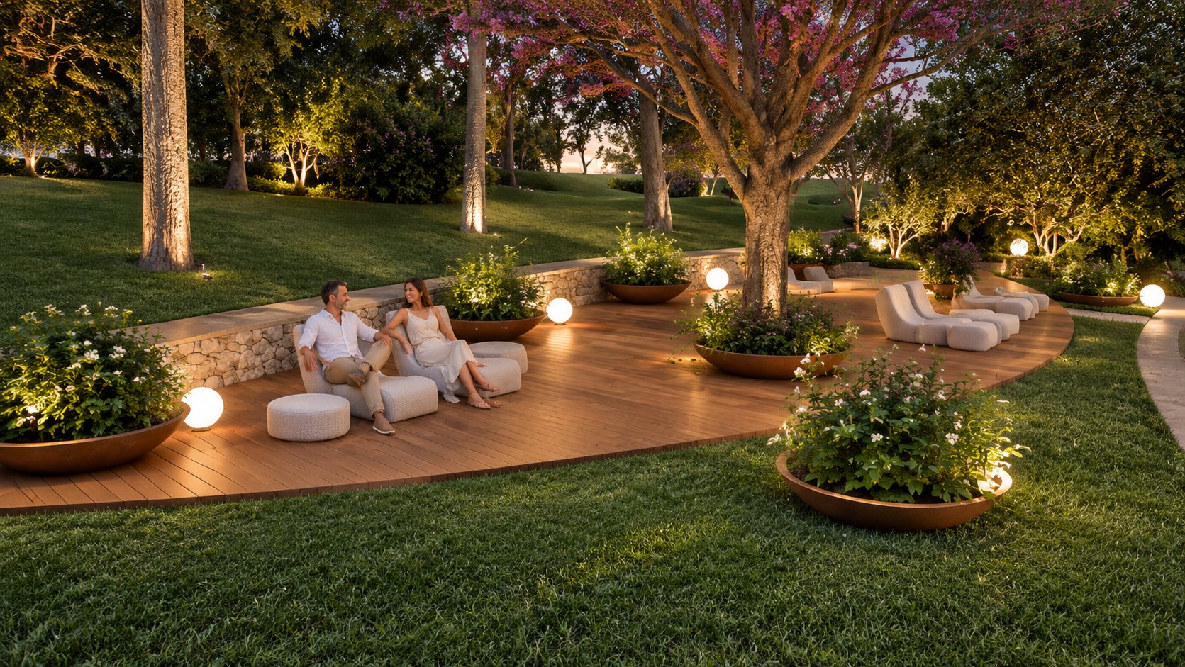 Lounge integrado à área externa — visualização arquitetônica