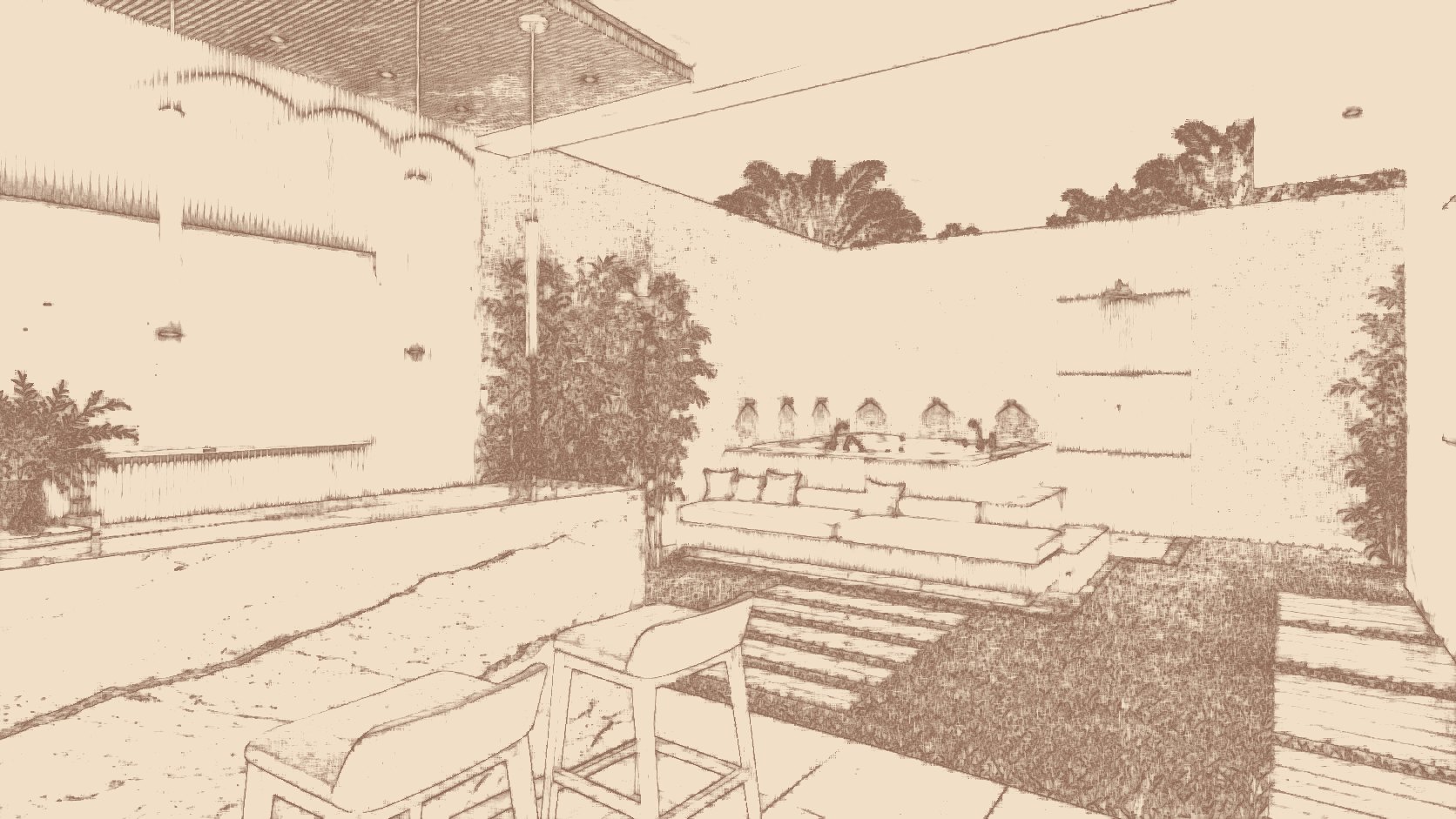 Croqui visual de Lounge com spa