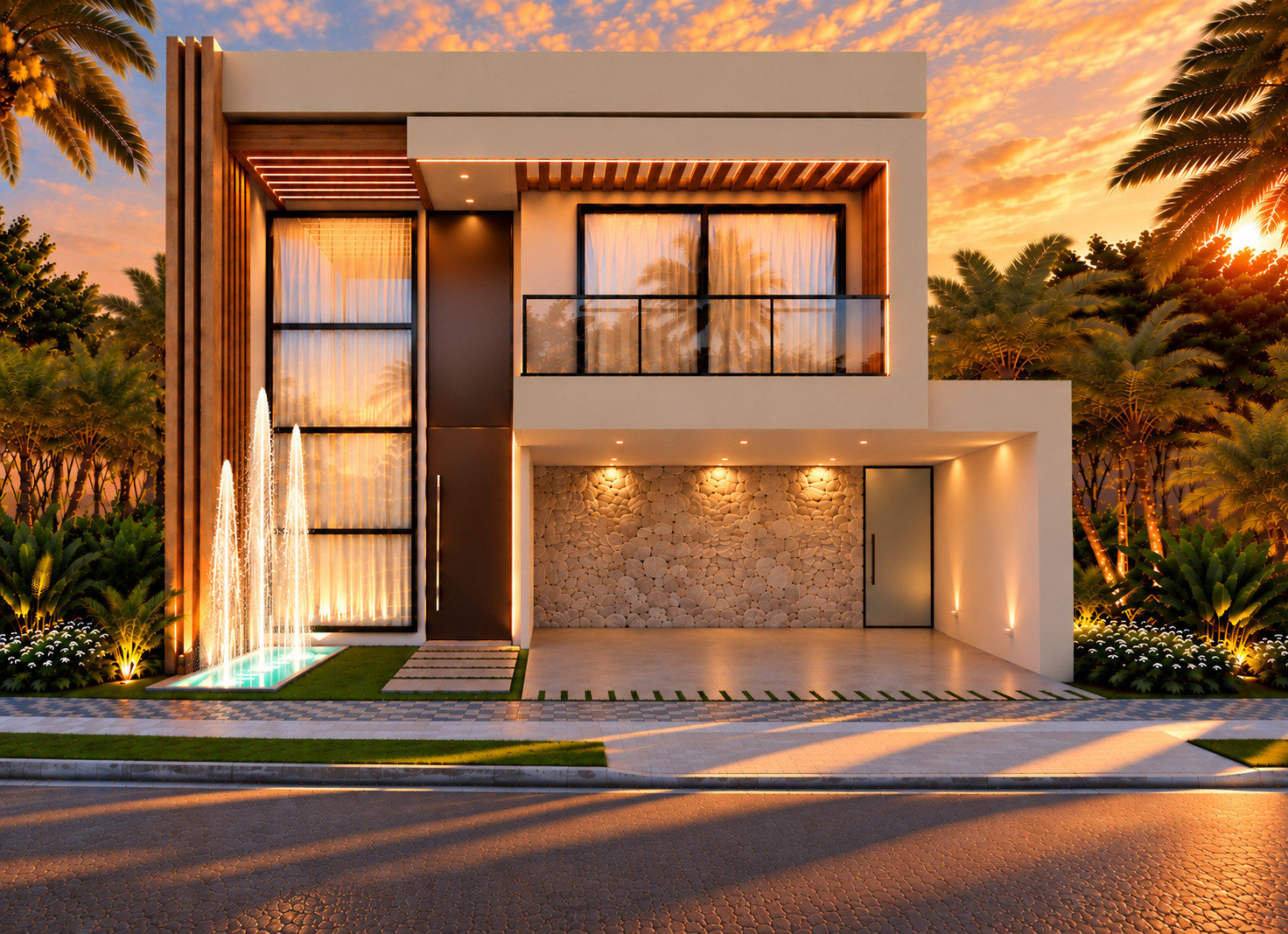 Residência contemporânea com fonte — vista frontal