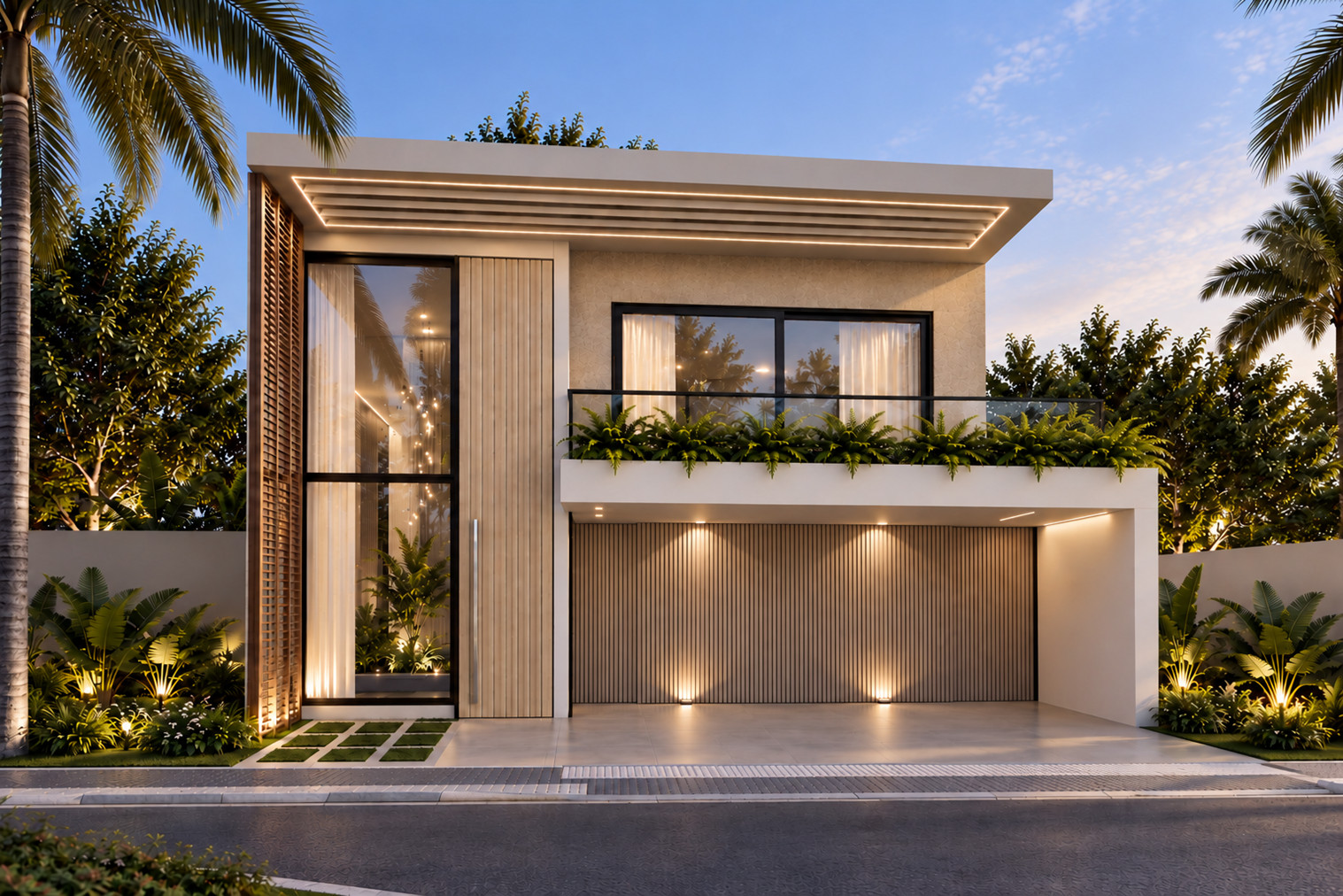 Residência contemporânea com painel ripado — vista frontal