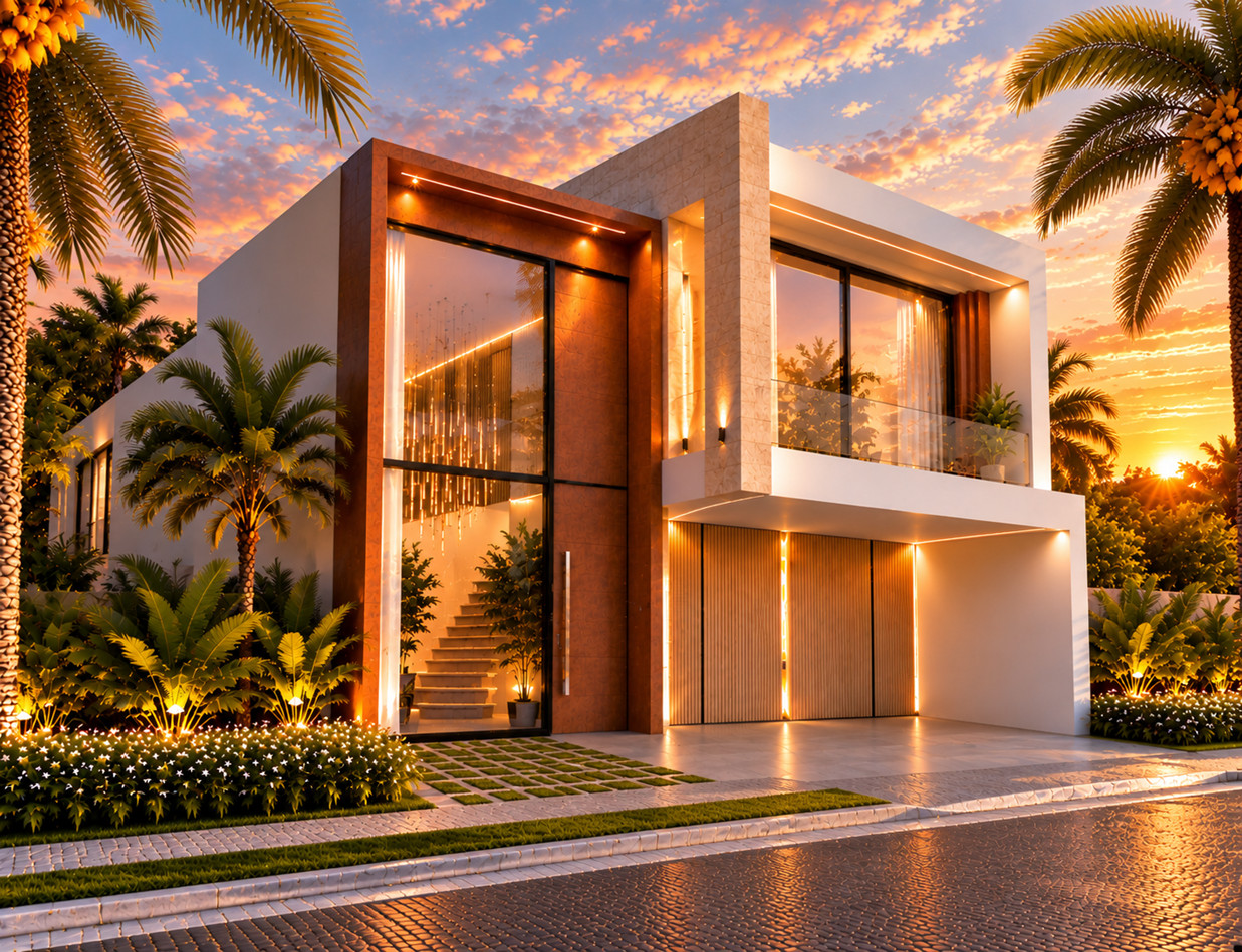Residência contemporânea com pórtico — perspectiva em ângulo — estudo 01
